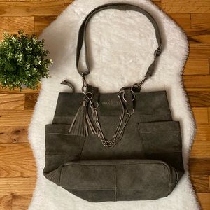 DAY & MOOD by Anthropologie Gray Suede Leather Large Bag with Long Strap